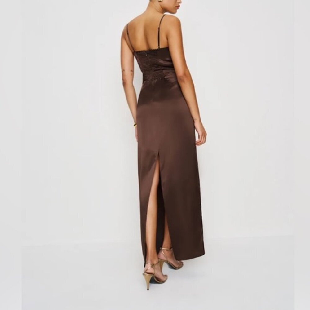 NEW Reformation Frankie Silk Maxi Navy Dress Gown Cafe Brown | US 0 UK 4 - Picture 4 of 13